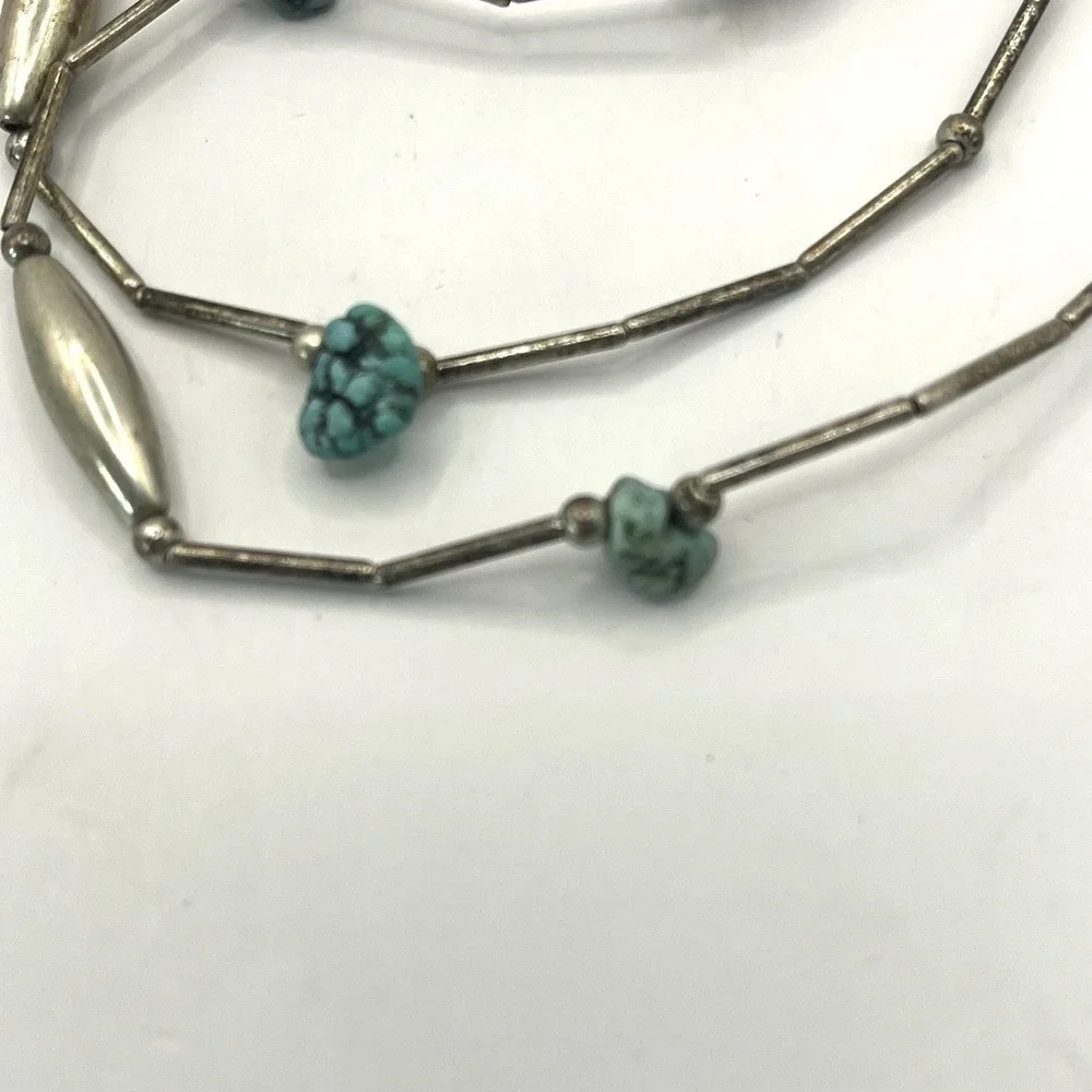 Vintage Turquoise Nugget‎ Sterling Silver Round & Melon Bead Necklace - Picture 4 of 11